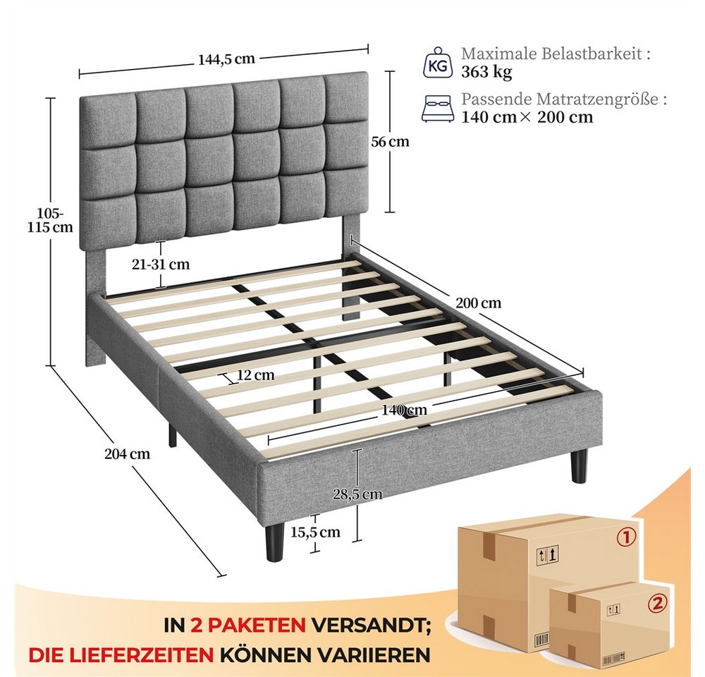 Yaheetech Polsterbett mit höhenverstellbarem Kopfteil, Doppelbett Bettgestell mit Lattenrost, 140 x 200 cm – Bild 4 von 5