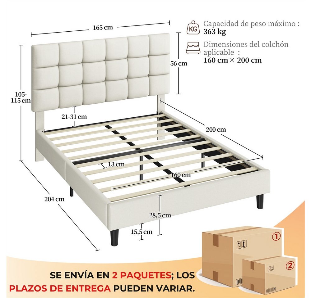 Yaheetech Polsterbett mit höhenverstellbarem Kopfteil, Doppelbett Bettgestell mit Lattenrost, 160 x 200 cm – Bild 4 von 5