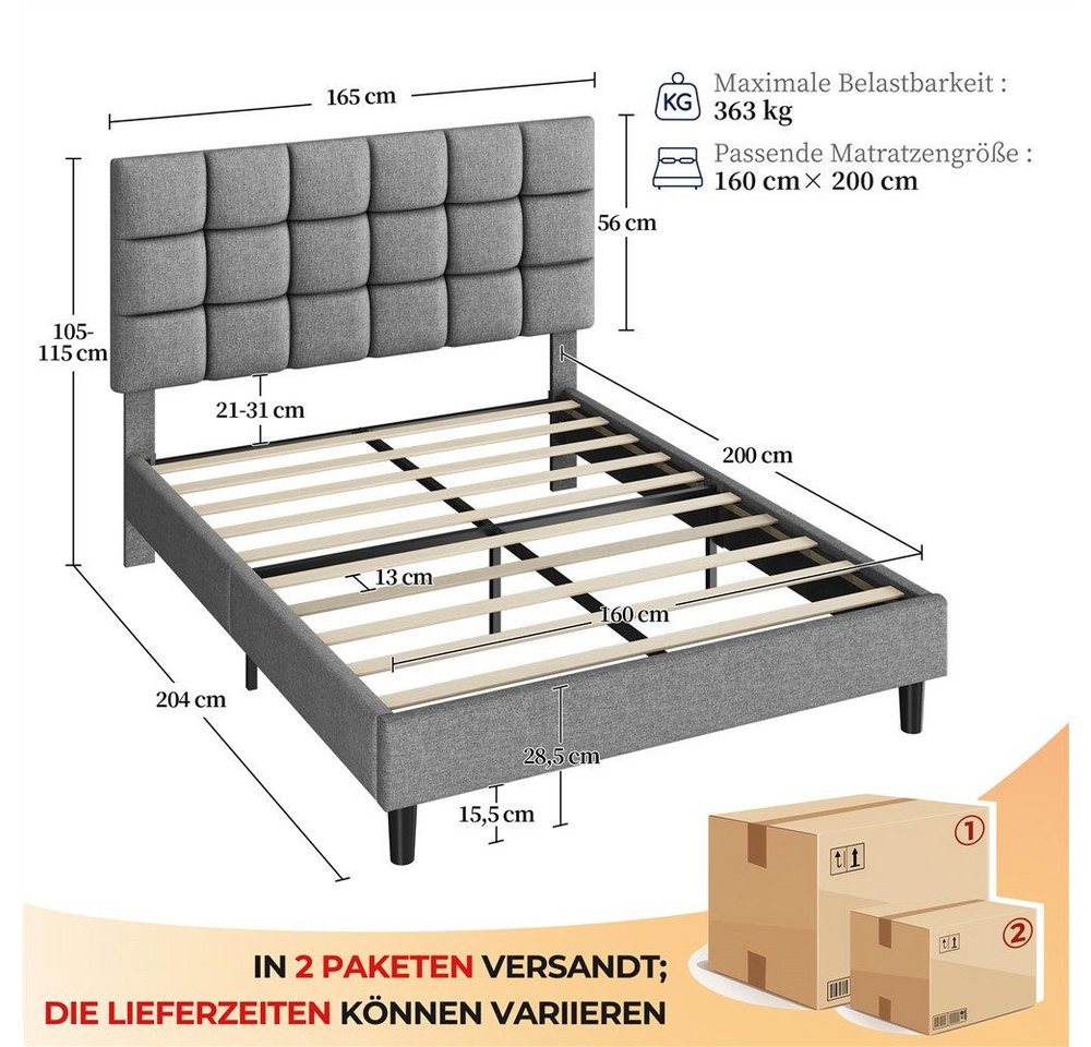 Yaheetech Polsterbett mit höhenverstellbarem Kopfteil, Doppelbett Bettgestell mit Lattenrost, 160 x 200 cm – Bild 4 von 5