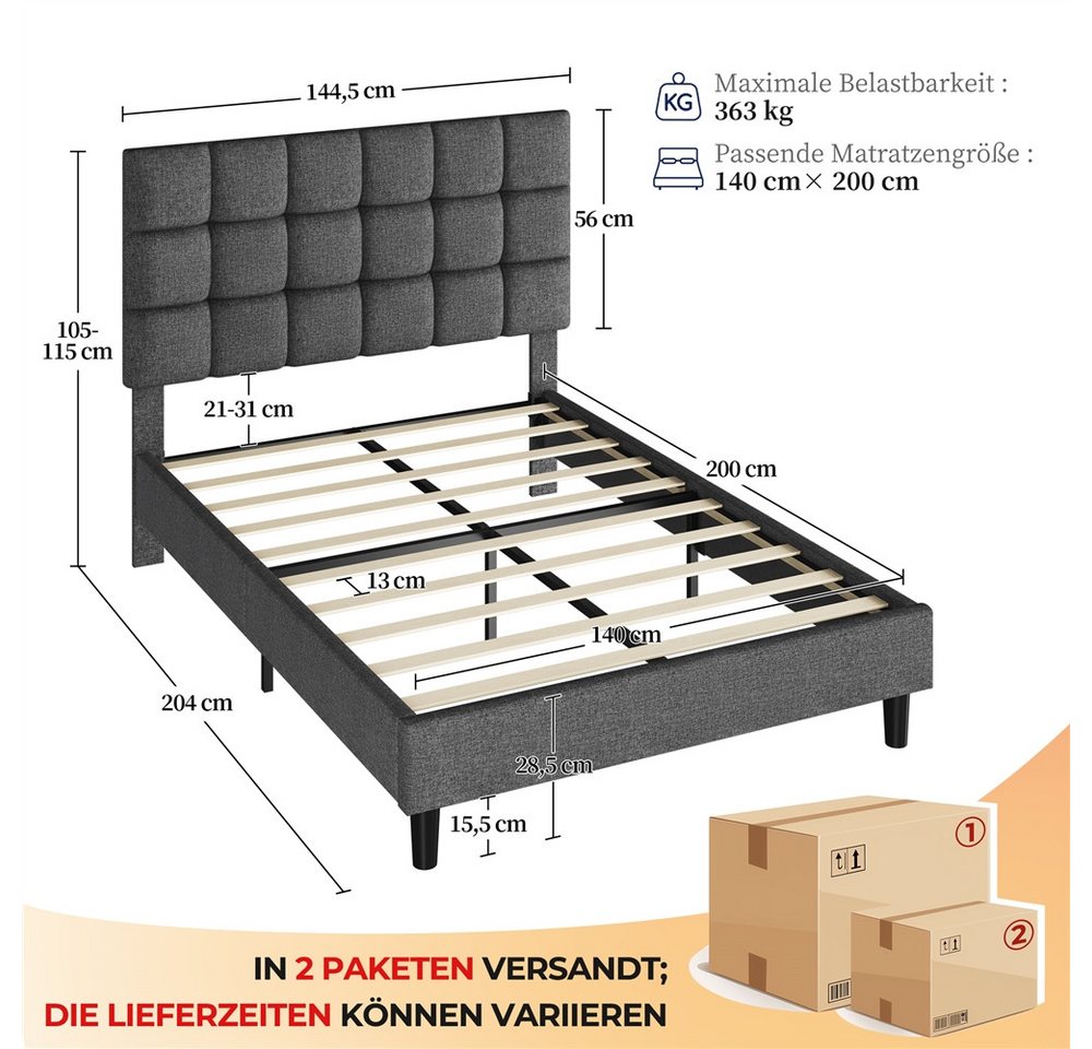 Yaheetech Polsterbett mit höhenverstellbarem Kopfteil, Doppelbett Bettgestell mit Lattenrost, 140 x 200 cm – Bild 3 von 5