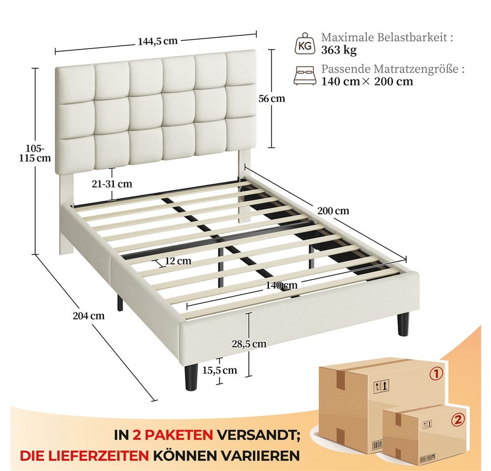 Yaheetech Polsterbett mit höhenverstellbarem Kopfteil, Doppelbett Bettgestell mit Lattenrost, 140 x 200 cm – Bild 4 von 5