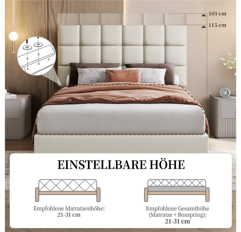 Yaheetech Polsterbett mit höhenverstellbarem Kopfteil, Doppelbett Bettgestell mit Lattenrost, 140 x 200 cm – Bild 5 von 5