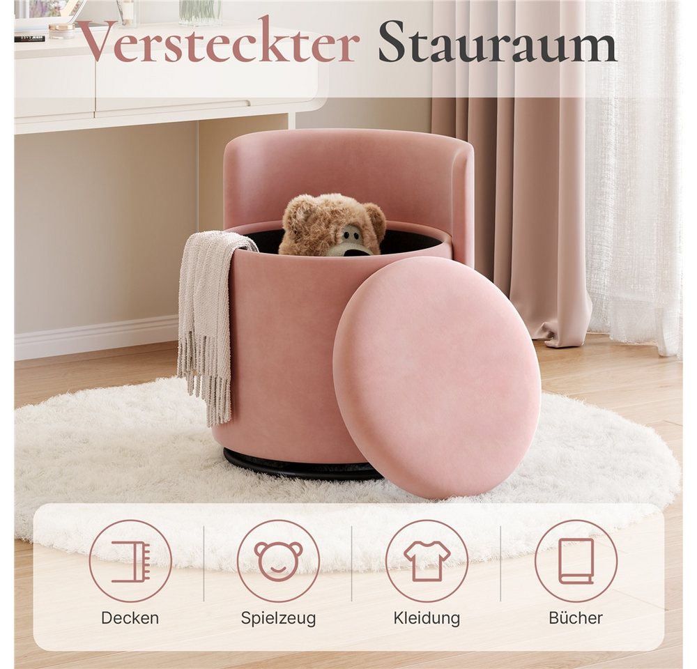Yaheetech Polsterhocker 360° Drehbarer Sitzhocker mit Stauraum & Rückenlehne, 40 L Schminkhocker aus Samt für Wohnzimmer – Bild 2 von 5