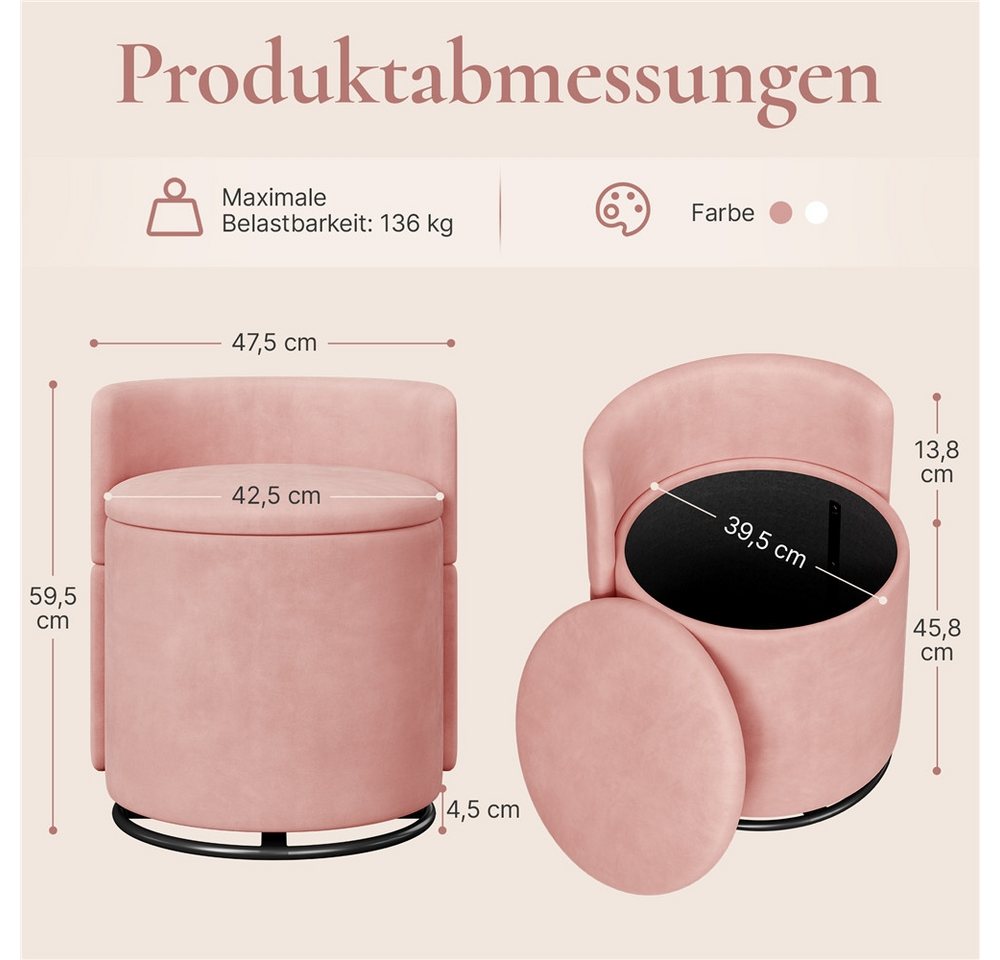 Yaheetech Polsterhocker 360° Drehbarer Sitzhocker mit Stauraum & Rückenlehne, 40 L Schminkhocker aus Samt für Wohnzimmer – Bild 5 von 5