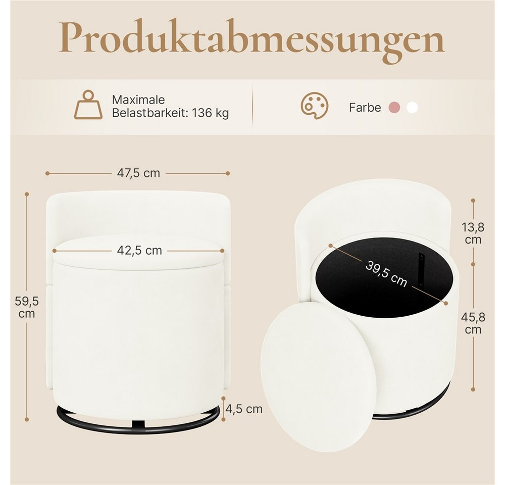 Yaheetech Polsterhocker 360° Drehbarer Sitzhocker mit Stauraum & Rückenlehne, 40 L Schminkhocker aus Samt für Wohnzimmer – Bild 5 von 5