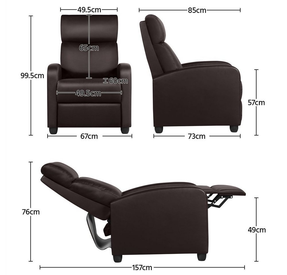 Yaheetech Relaxsessel Fernsehsessel mit Liegefunktion, Gepolsterter Liegesessel mit Armlehnen Ergonomisch aus Kunstleder – Bild 3 von 5