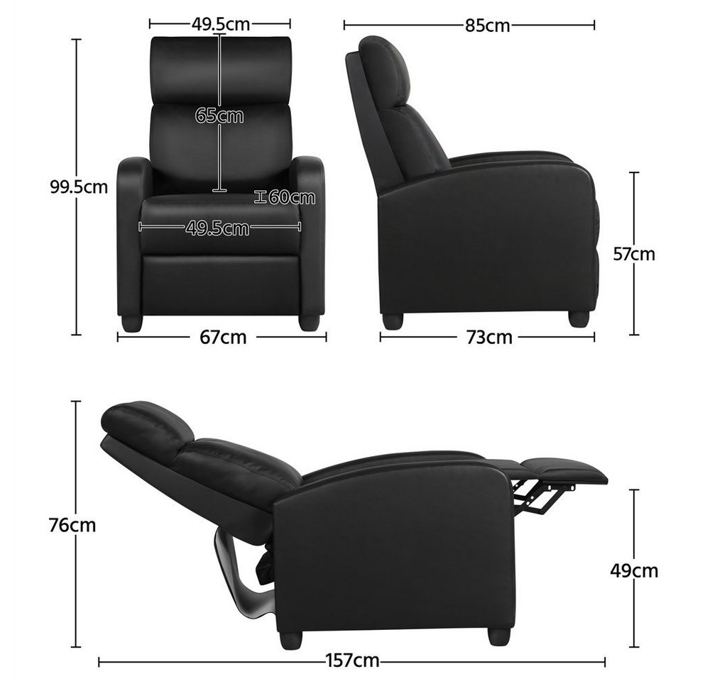 Yaheetech Relaxsessel Fernsehsessel mit Liegefunktion, Gepolsterter Liegesessel mit Armlehnen Ergonomisch aus Kunstleder – Bild 5 von 5