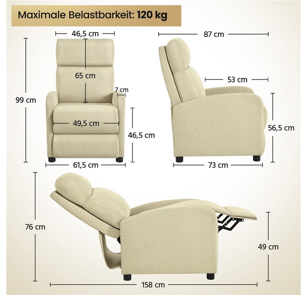 Yaheetech Relaxsessel Loungesessel mit Liegefunktion, Fernsehsessel Einzelsofa Ruhesessel mit Verstellbarer Fußstütze – Bild 4 von 5