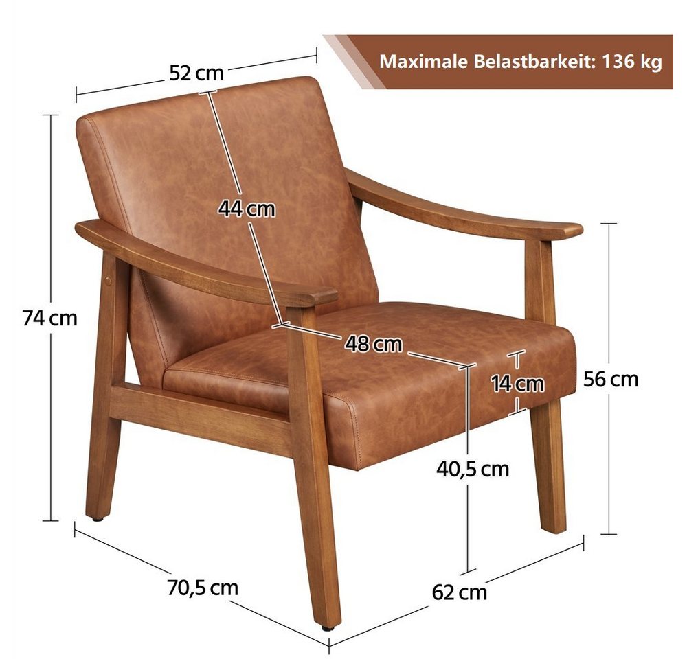 Yaheetech Relaxsessel Retro Loungesessel Einzelsofa, Loungesessel Lesesessel Kunstleder Belastbar bis 136 kg – Bild 4 von 5