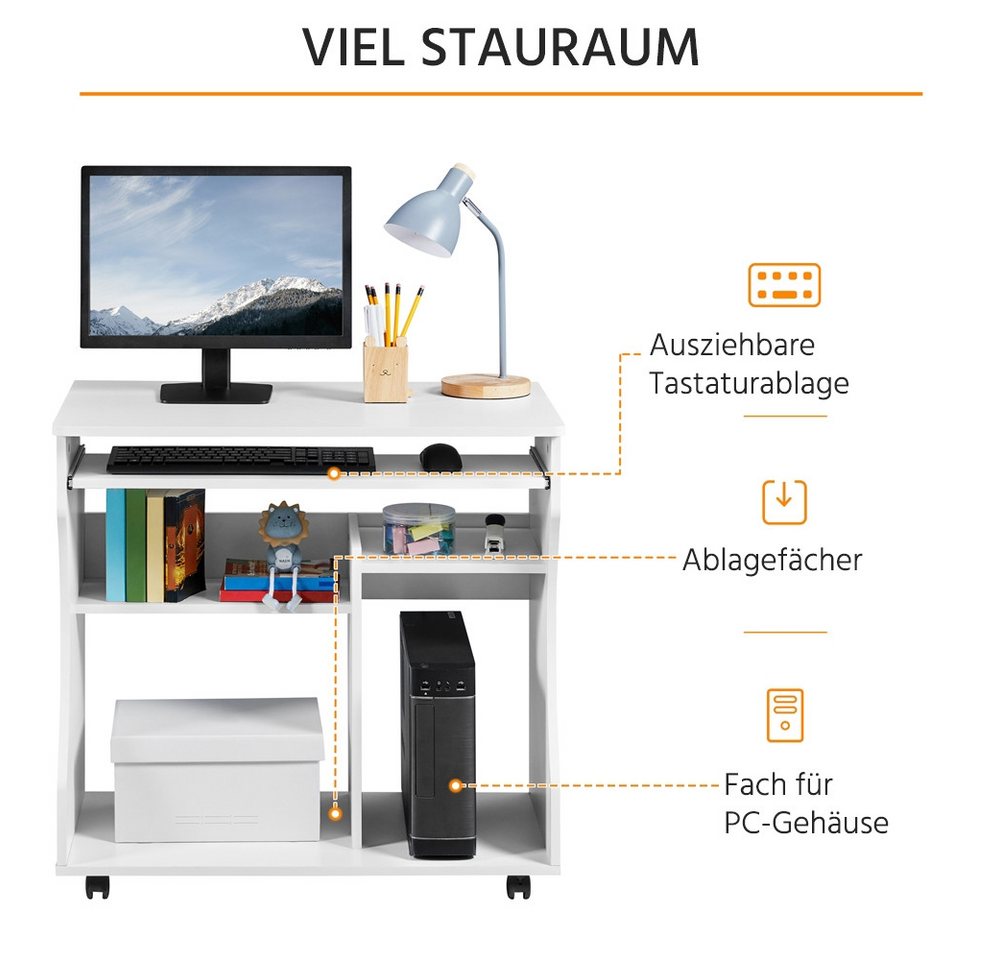 Yaheetech Schreibtisch Computertisch auf Rollen, Arbeitstisch mit Tastaturauszug & Ablagefächer, PC Tisch platzsparend – Bild 5 von 5
