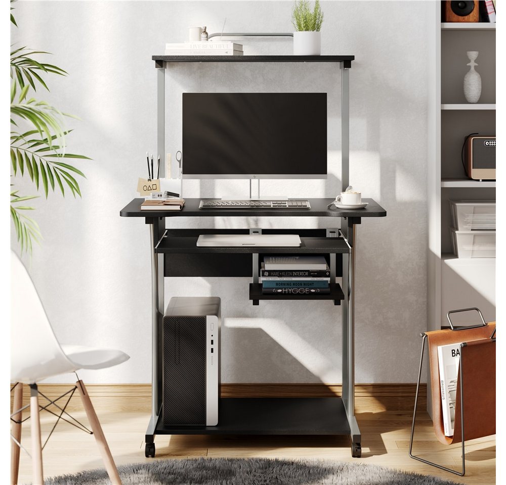 Yaheetech Schreibtisch Computertisch mit Regal & Rollen, Mehrstufiger PC-Tisch Eckschreibtisch für kleiner Raum – Bild 2 von 5