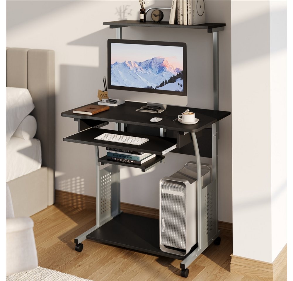 Yaheetech Schreibtisch Computertisch mit Regal & Rollen, Mehrstufiger PC-Tisch Eckschreibtisch für kleiner Raum – Bild 3 von 5