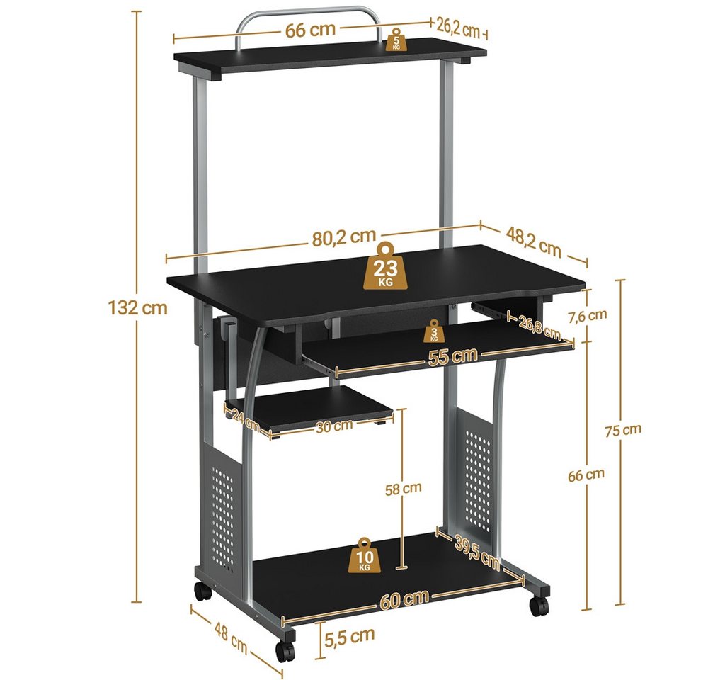 Yaheetech Schreibtisch Computertisch mit Regal & Rollen, Mehrstufiger PC-Tisch Eckschreibtisch für kleiner Raum – Bild 4 von 5