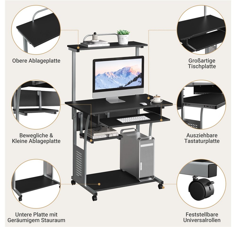 Yaheetech Schreibtisch Computertisch mit Regal & Rollen, Mehrstufiger PC-Tisch Eckschreibtisch für kleiner Raum – Bild 5 von 5