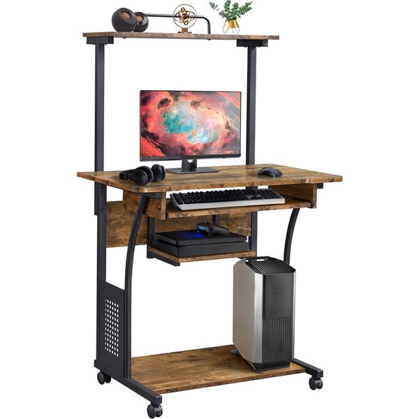 Yaheetech Schreibtisch Computertisch mit Regal & Rollen, Mehrstufiger PC-Tisch Eckschreibtisch für kleiner Raum
