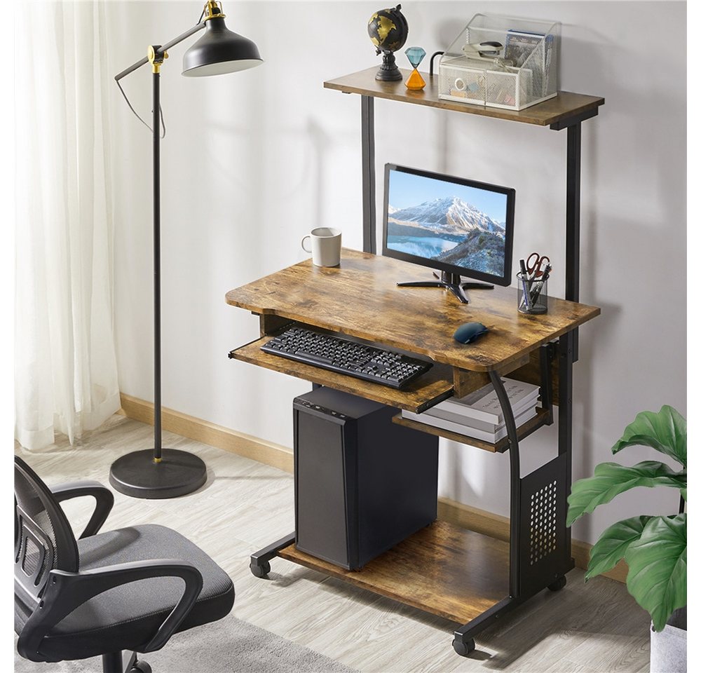 Yaheetech Schreibtisch Computertisch mit Regal & Rollen, Mehrstufiger PC-Tisch Eckschreibtisch für kleiner Raum – Bild 2 von 5