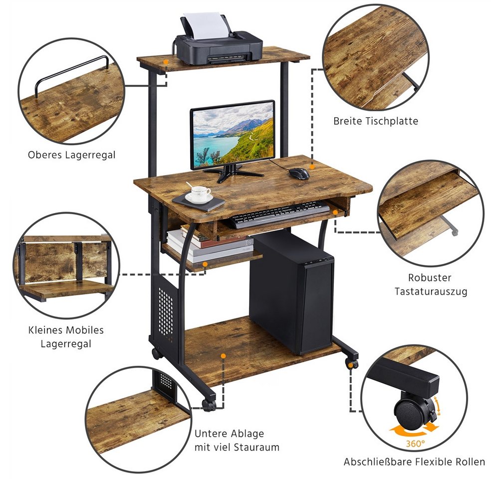 Yaheetech Schreibtisch Computertisch mit Regal & Rollen, Mehrstufiger PC-Tisch Eckschreibtisch für kleiner Raum – Bild 5 von 5