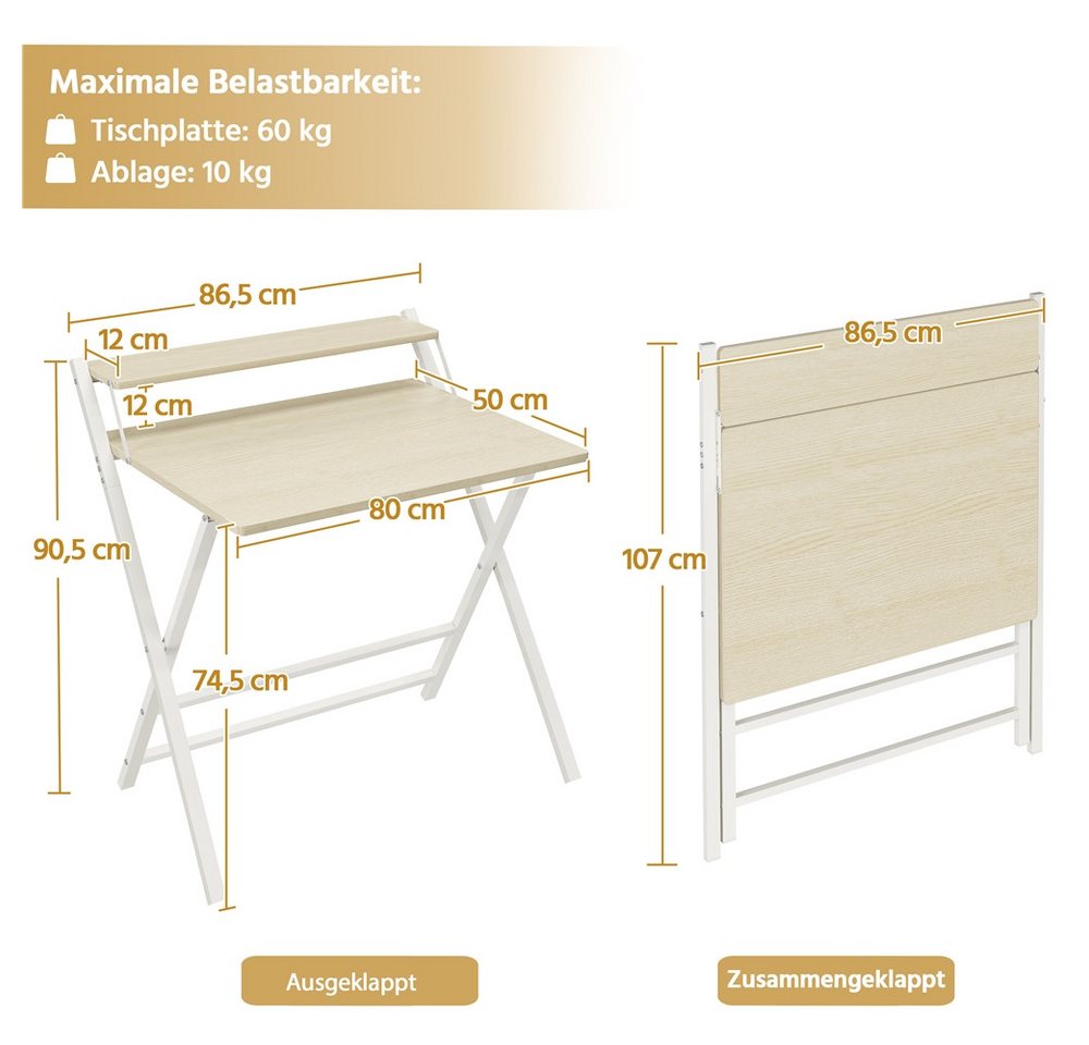Yaheetech Schreibtisch Klappbarer Computertisch mit kleiner Ablage, Bürotisch Laptop-Tisch PC-Tisch Mehrschichtiger Arbeitstisch – Bild 4 von 5