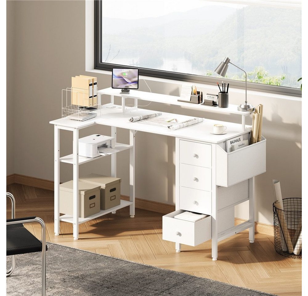 Yaheetech Schreibtisch L-förmiger Computertisch 120/140cm (B), mit Monitorhalterung & Steckdose & 4 Schubladen & Aufbewahrungstasche – Bild 3 von 5