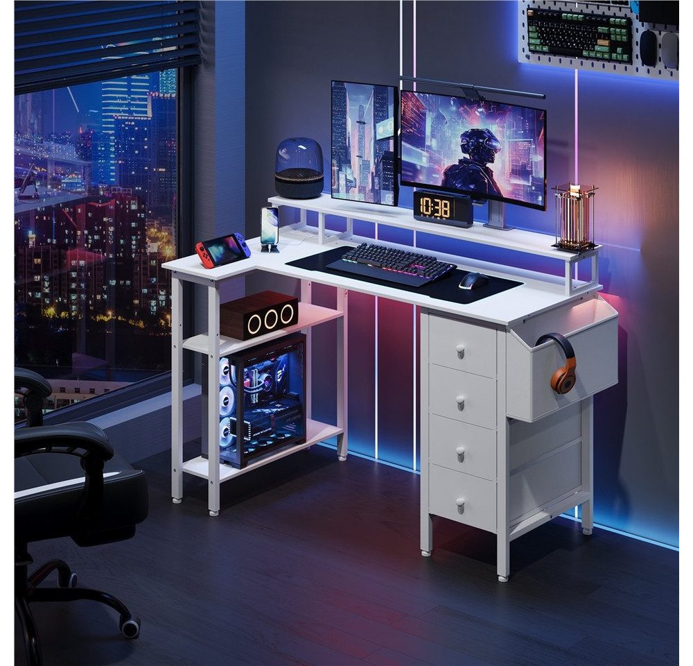 Yaheetech Schreibtisch L-förmiger Computertisch 120/140cm (B), mit Monitorhalterung & Steckdose & 4 Schubladen & Aufbewahrungstasche – Bild 4 von 5