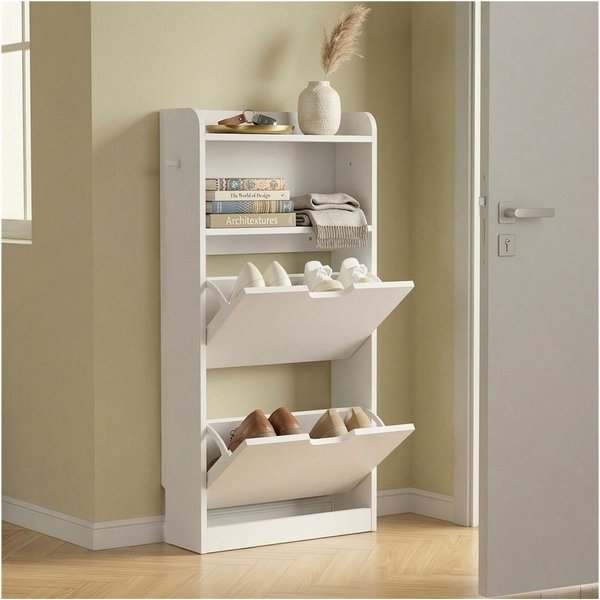 Yaheetech Schuhschrank Schuhregal Schuhkommode mit 2 Klappen & Ablagefach & 2 Haken, 50 × 17 × 108,5 cm