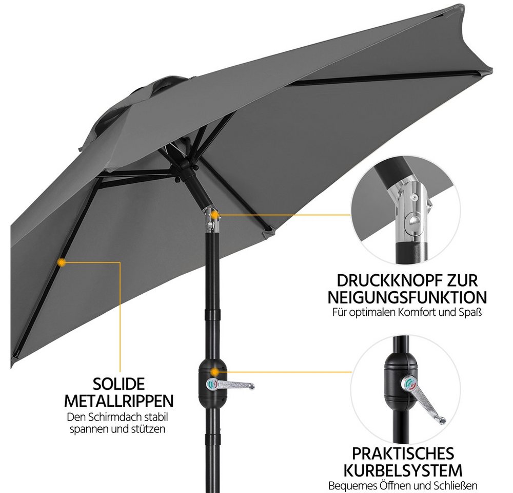 Yaheetech Sonnenschirm Φ 226/269/294 cm, Garten- und Marktschirm mit 6 Metallstreben für Balkon/Terrasse/Garten – Bild 5 von 5