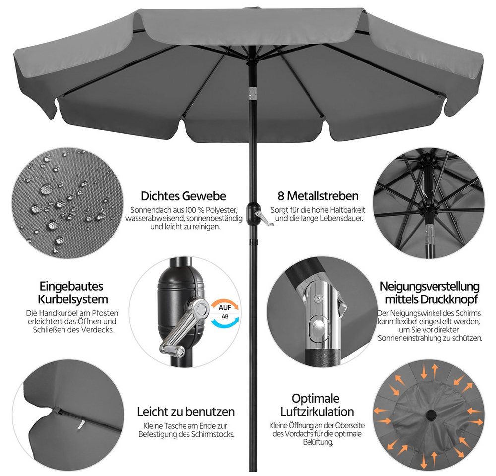 Yaheetech Sonnenschirm ∅ 268 cm, Gartenschirm mit 8 Metallstreben & Kurbel, UV-schutz, neigbar – Bild 4 von 5