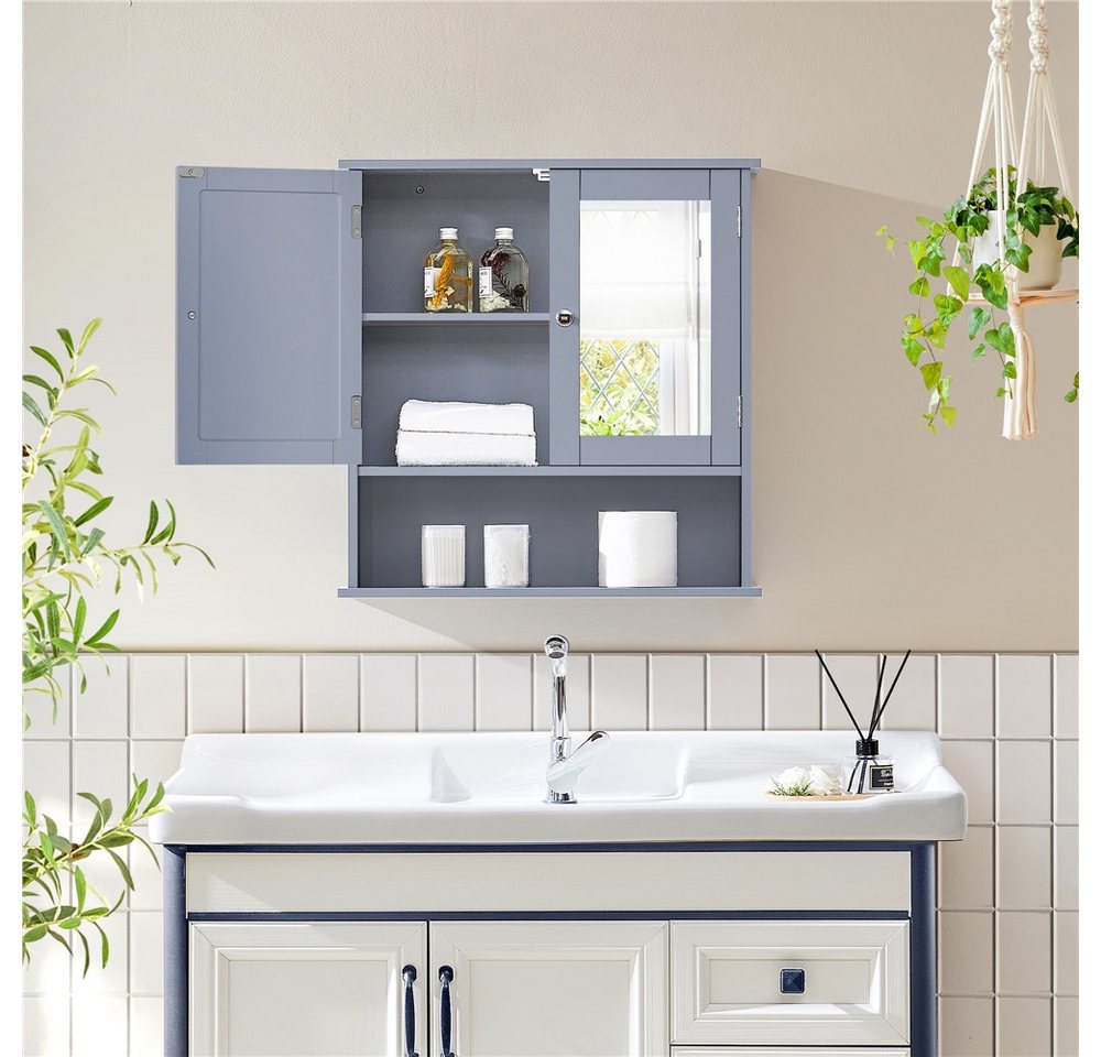 Yaheetech Spiegelschrank Badschrank mit Spiegeltür & 1 offenem Regal Badezimmerschrank Hängeschrank, Einlegeboden verstellbar – Bild 2 von 5