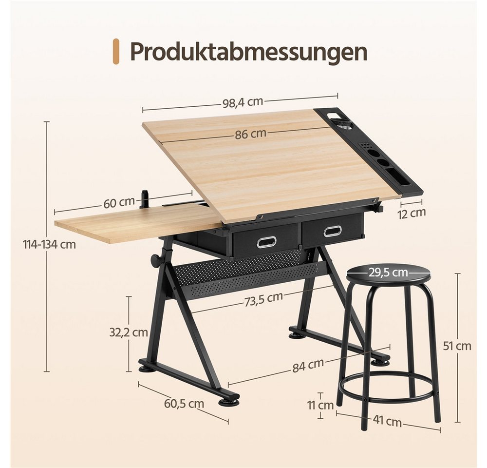 Yaheetech Zeichentisch mit Hocker Zeichenpult mit 2 Schubladen & Ablage & Stiftleiste, Schreibtisch für Zeichnen, Verstellbare Tischplatte 0–62,5° – Bild 3 von 5