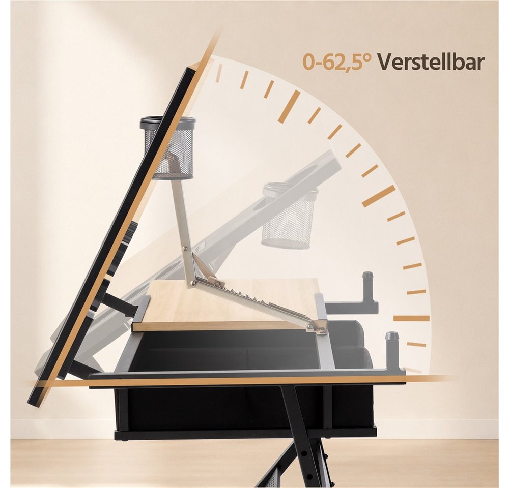 Yaheetech Zeichentisch mit Hocker Zeichenpult mit 2 Schubladen & Ablage & Stiftleiste, Schreibtisch für Zeichnen, Verstellbare Tischplatte 0–62,5° – Bild 4 von 5