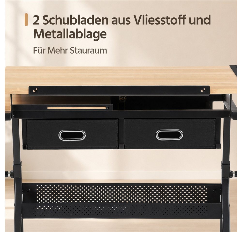 Yaheetech Zeichentisch mit Hocker Zeichenpult mit 2 Schubladen & Ablage & Stiftleiste, Schreibtisch für Zeichnen, Verstellbare Tischplatte 0–62,5° – Bild 5 von 5