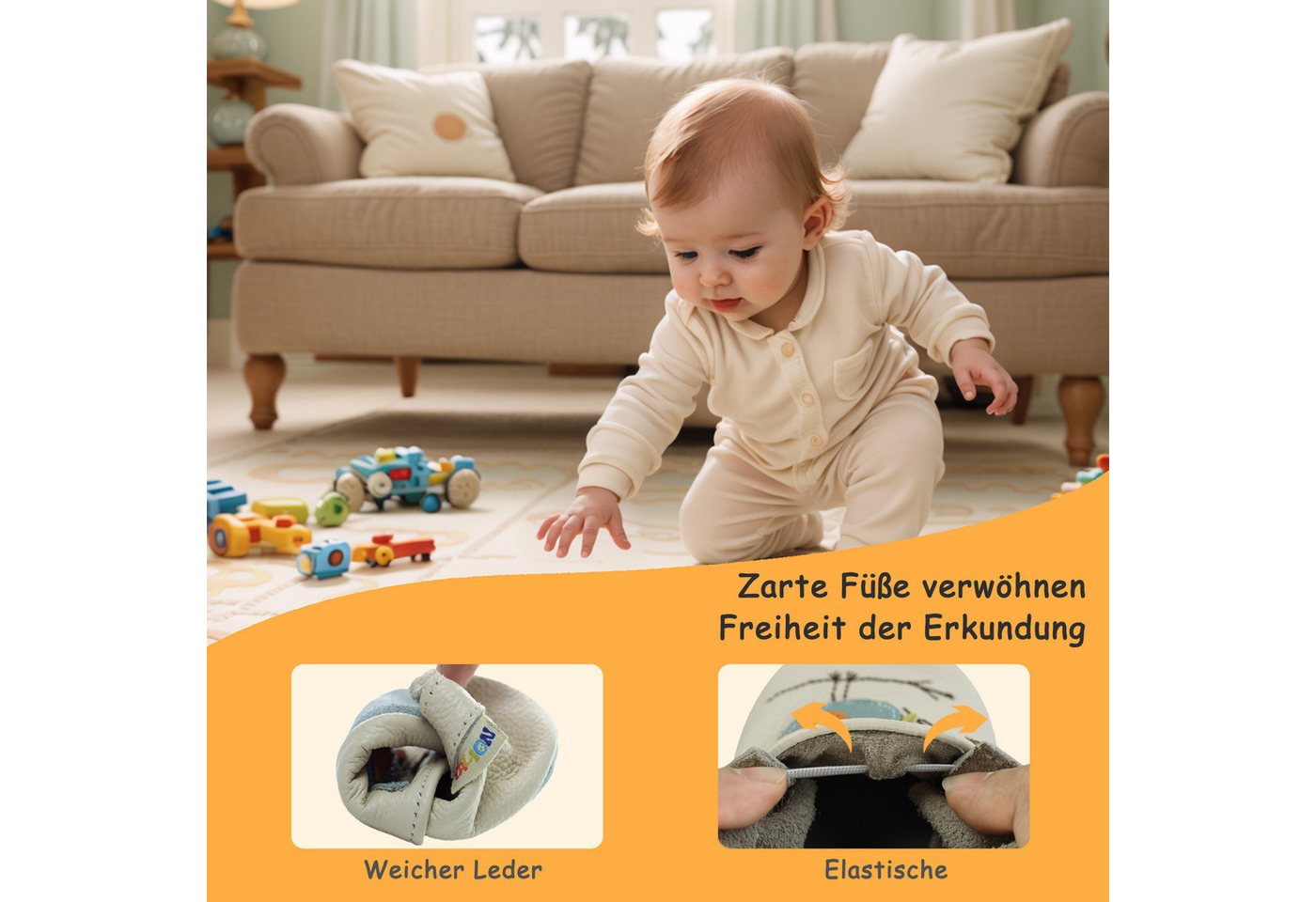 Yalion Leder Baby-Lauflernschuhe, weich, rutschfest, handgefertigt Krabbelschuh Baby Schuh aus echtem Leder,Barfußgefühl & rutschfester Sohle – Bild 4 von 5