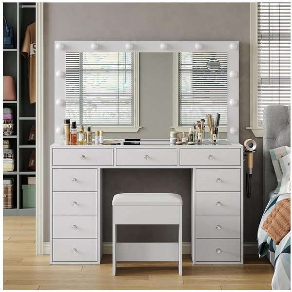 Yanosaku Schminktisch mit Spiegel & LED-Beleuchtung, 11 Schubladen & 12 dimmbaren LEDs (1-St., mit Hocker), Ideal für Make-up & Kosmetikablage, 105x40x142cm