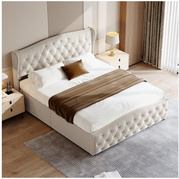Yelenaro Polsterbett hydraulischer Stauraumbett mit Lattenrost, Doppelbett 160x200cm mit Kopfteil und Samtbezug Beige