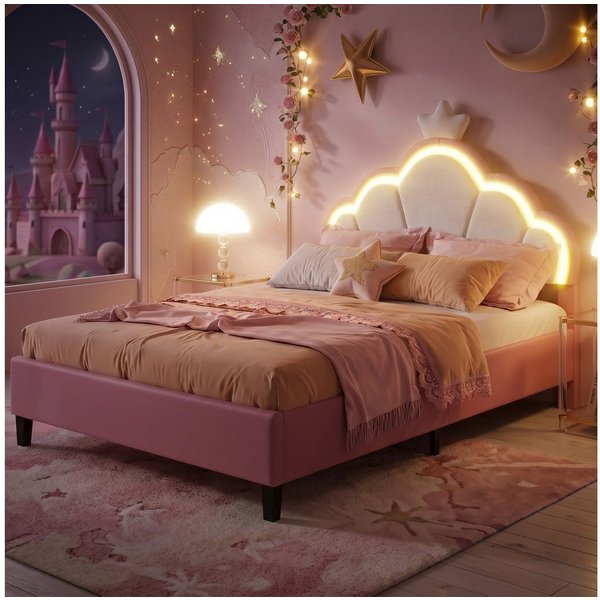 Yelenaro Polsterbett Kinderbett, Kopfteil mit LED-Beleuchtung, Samtstoff (Packung, 1-tlg., Jugendbett), 90x200 cm,Mit Kopfteil und Bettgestell,kronenförmiges Ko