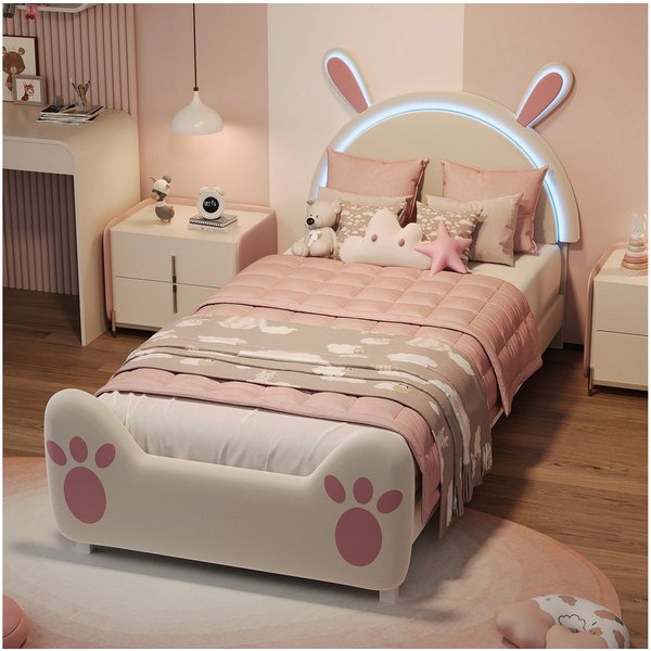 Yelenaro Polsterbett Kinderbett Einzelbett Jugendbett (Packung, 1-tlg., Jugendbett), 90x200 cm,Hasenförmiges Design,Samtstoff - Rosa