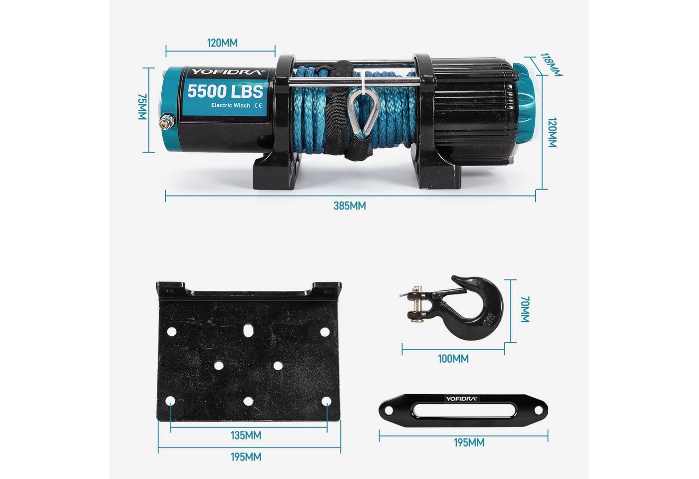 Yofidra Seilwinde 5500 LBS 12V, Doppelmotor, Nylonseil, Funkfernbedienung, (1-St), Kupferwicklung, 2 PS Motor, Dual-Modus, Leicht und sicher – Bild 2 von 5