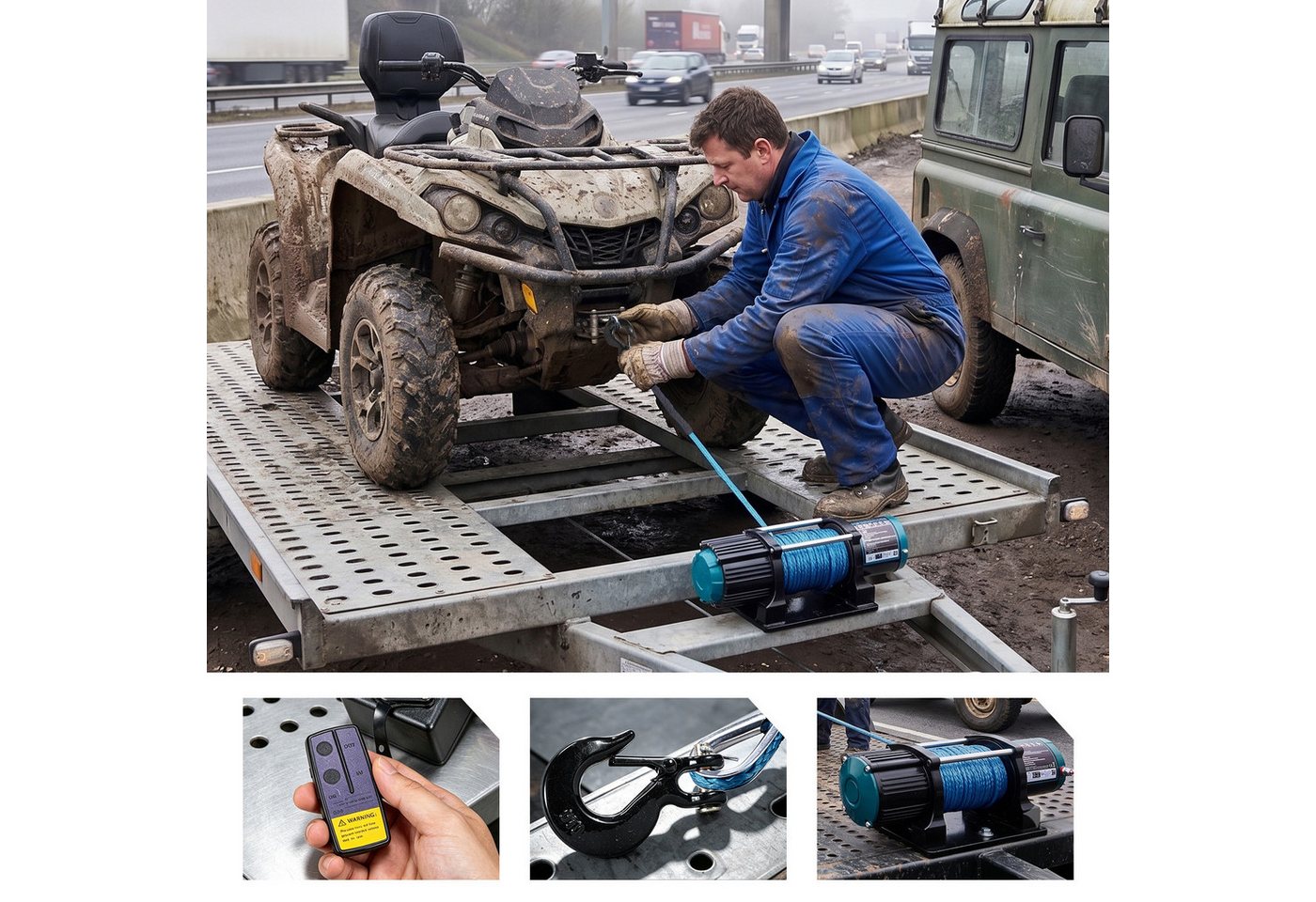 Yofidra Seilwinde 5500 LBS 12V, Doppelmotor, Nylonseil, Funkfernbedienung, (1-St), Kupferwicklung, 2 PS Motor, Dual-Modus, Leicht und sicher – Bild 4 von 5