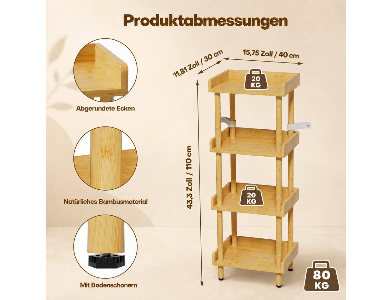 Yorbay Ablageregal Bambusregal,Bücherregal,Standregale,Werkzeuglose Montage Stabil, Set, 40x30x110cm Natürliches Design für Wohnzimmer Küchen und Badezimmer – Bild 2 von 5