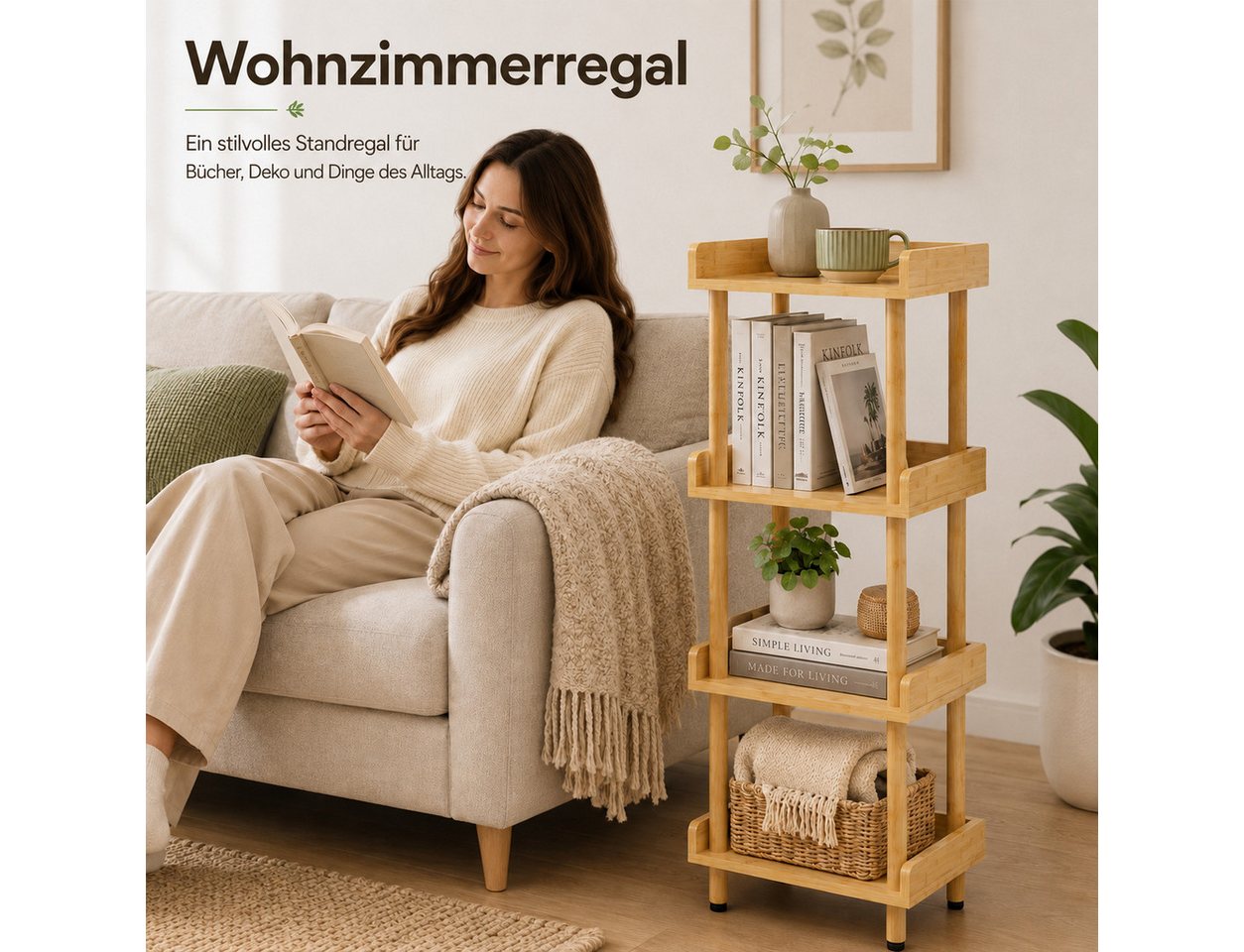Yorbay Ablageregal Bambusregal,Bücherregal,Standregale,Werkzeuglose Montage Stabil, Set, 40x30x110cm Natürliches Design für Wohnzimmer Küchen und Badezimmer – Bild 4 von 5