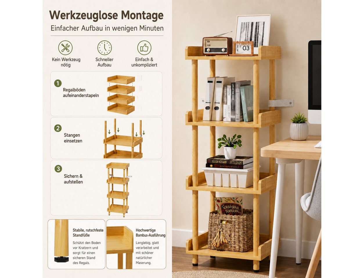 Yorbay Ablageregal Bambusregal,Bücherregal,Standregale,Werkzeuglose Montage Stabil, Set, 40x30x110cm Natürliches Design für Wohnzimmer Küchen und Badezimmer – Bild 5 von 5