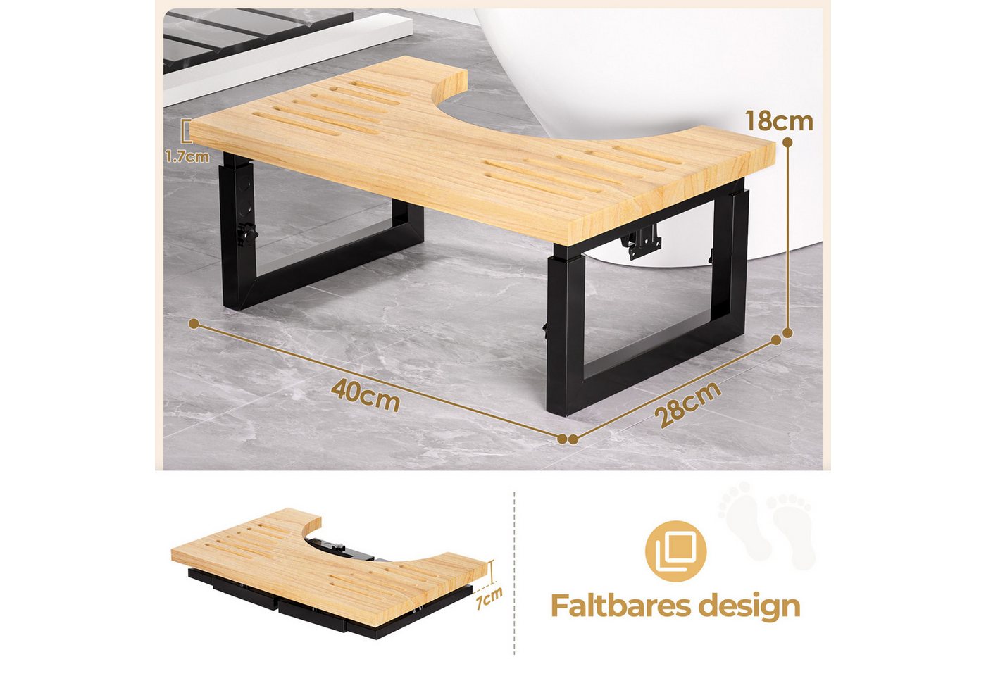 Yorbay Badhocker Bambus Toilettenhocker mit Klappfunktion, 3-Stufen Höheneinstellung, Rutschfeste Oberfläche – Bild 2 von 5