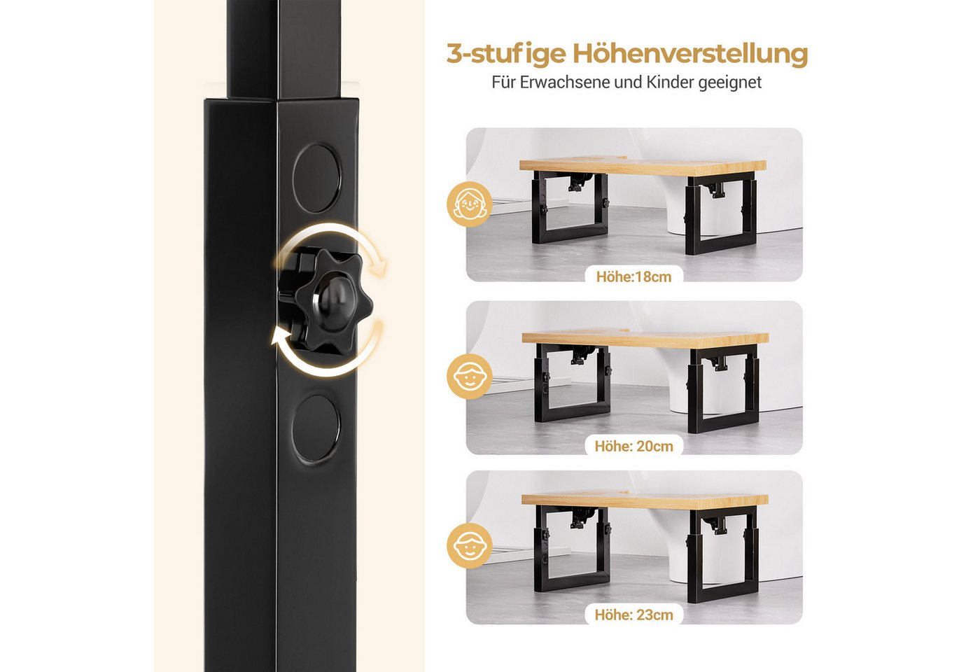Yorbay Badhocker Bambus Toilettenhocker mit Klappfunktion, 3-Stufen Höheneinstellung, Rutschfeste Oberfläche – Bild 3 von 5