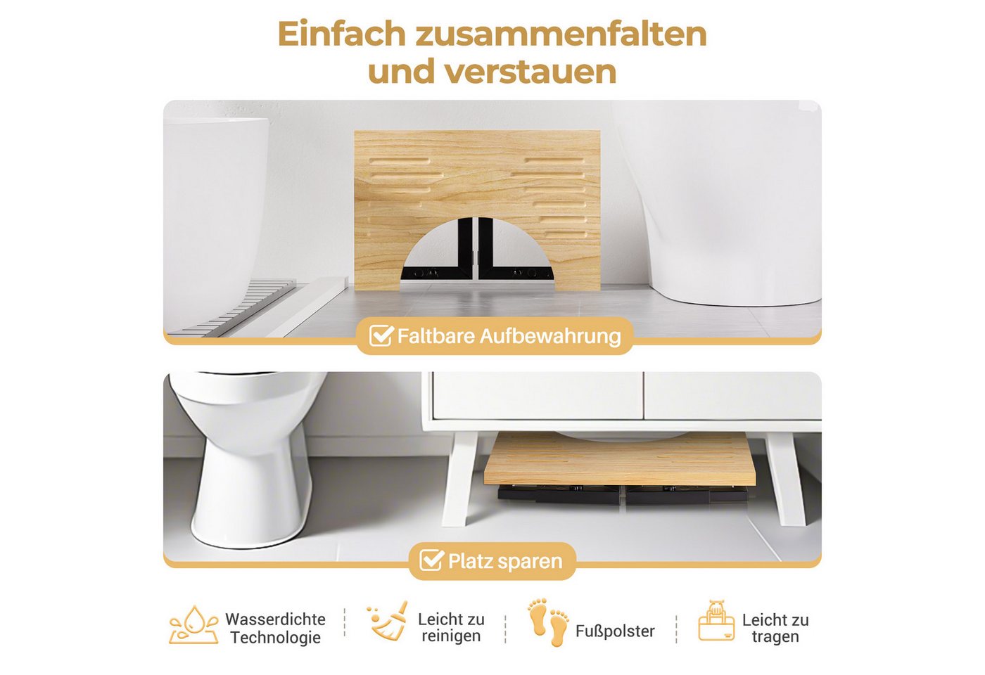 Yorbay Badhocker Bambus Toilettenhocker mit Klappfunktion, 3-Stufen Höheneinstellung, Rutschfeste Oberfläche – Bild 4 von 5