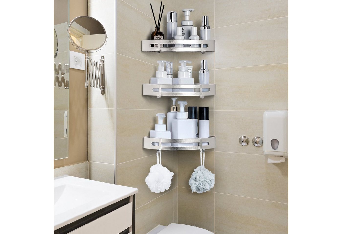 Yorbay Duschablage Duschregal ohne Bohrung, 3 Stücke Duschablage Eckregal Duschkorb, Mit Montagestoff, mit Haken, Dreieck Badregal aus Aluminium für Badezimmer  – Bild 3 von 5
