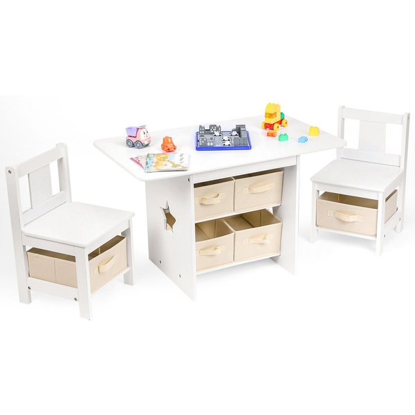 Yorbay Kindersitzgruppe Kindertisch mit 2 Stühlen, mit 6 Aufbewahrungskörben, (Kindersitzgruppe 3tlg, Weiß + Beige, Kindertisch mit Stauraum), Sitzgruppe für Ki