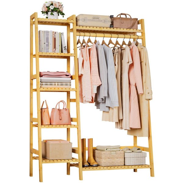 Yorbay Kleiderständer aus Bambus, Multifunktionale Garderobenständer 103x40x145 cm, 7 Ablagefächer Garderobe für Flur, Schlafzimmer & Büro