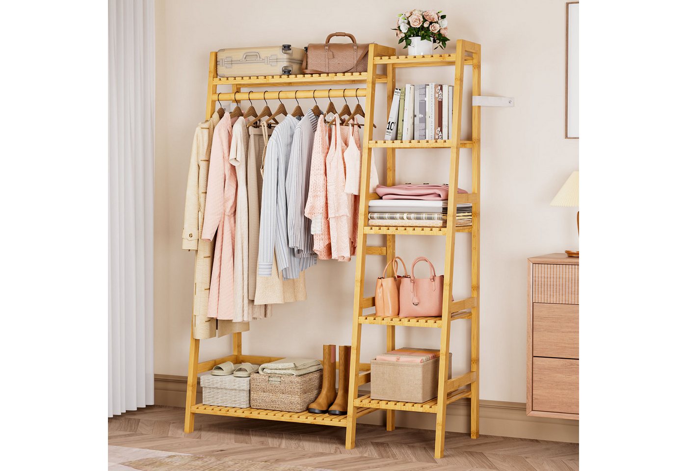 Yorbay Kleiderständer aus Bambus, Multifunktionale Garderobenständer 103x40x145 cm, 7 Ablagefächer Garderobe für Flur, Schlafzimmer & Büro – Bild 2 von 5