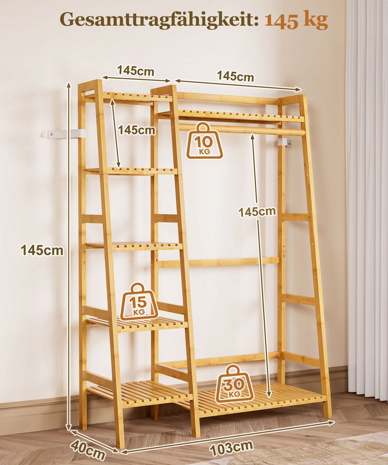 Yorbay Kleiderständer aus Bambus, Multifunktionale Garderobenständer 103x40x145 cm, 7 Ablagefächer Garderobe für Flur, Schlafzimmer & Büro – Bild 3 von 5