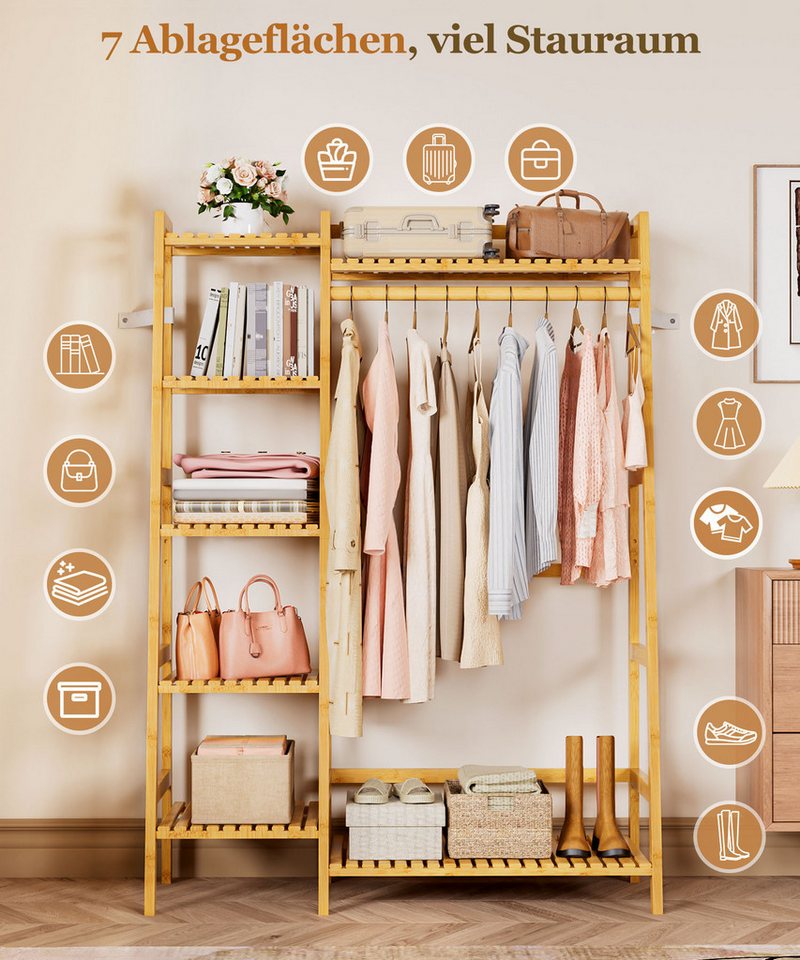 Yorbay Kleiderständer aus Bambus, Multifunktionale Garderobenständer 103x40x145 cm, 7 Ablagefächer Garderobe für Flur, Schlafzimmer & Büro – Bild 4 von 5